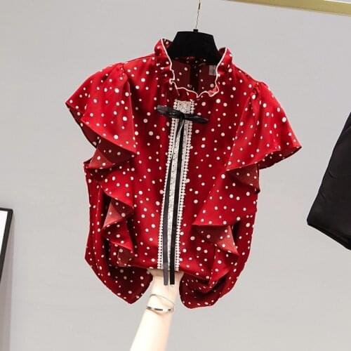 2021 Summer Women Ruffles Stand Collar Short Sleeves Bow Beading Chiffon Shirts Female Casual Pullover Tops Ladies Shirt Blouse