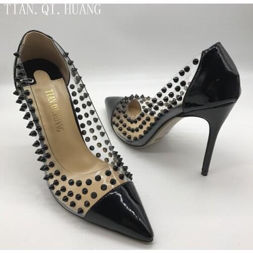 Women Rivets Heels Shoes Fashion Sexy Desiginer Genuine Leather Pumps High Heels Shoes or Woman TIAN.QI.HUANG Brand