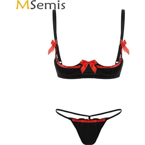 Women Ultra-Thin Ruffle Lingerie Set Erotic Mini Bikini Clubwear 1/4 Scalloped Cup Open Bra with G-string Tangas Sissy Nightwear