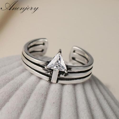 Anenjery Vintage Fashion Fingle Jewelry Triangle Clear Zircon Multi-row 925 Sterling Thai Silver Ring For Women S-R94