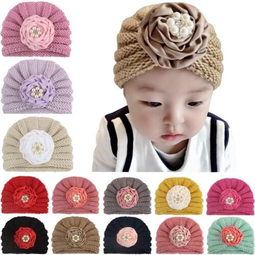 Winter Hat For Kids Knitted Pearls Rhinestone Baby Girl Boy Hat Newborn Turban Elastic Kids Crochet Beanie Hats 1PC 2019