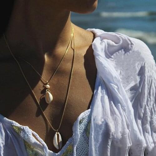 2 Pcs/Set Women Multilayer Necklace Vintage Natural Shell Pearl Pendant Necklace Bohemian Fashion Necklaces Beach Jewelry