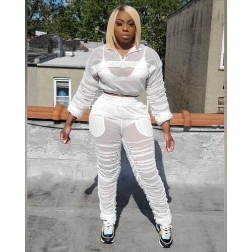 VAZN 2021 Autumn High-end Plus Size See Through Lace Open Sexy Club Full Sleeve Top Long Pencil Pants Slim Women 2 Piece Set