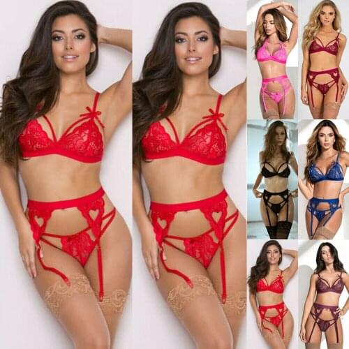 3pcs Women Sexy Lingerie Lace Hot Exotic Sets Bandage Nightwear Sheer Underwear G-string Female Transparent Babydolls Sleepwear