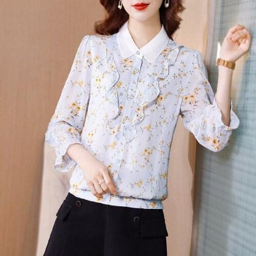 Summer Chiffon Shirts Temperament Elegant Casual Blouses Polo-Neck Dots Print LooseTops Ruffle Mujer Blusas MM0701