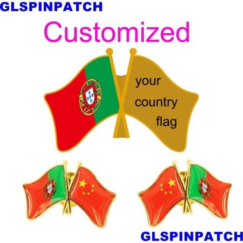 Portugal Crossed Friendship Flag Double Country lapel pin Brooch USA UK France Chile Russia Saudi Arabia Japan Spain Badge