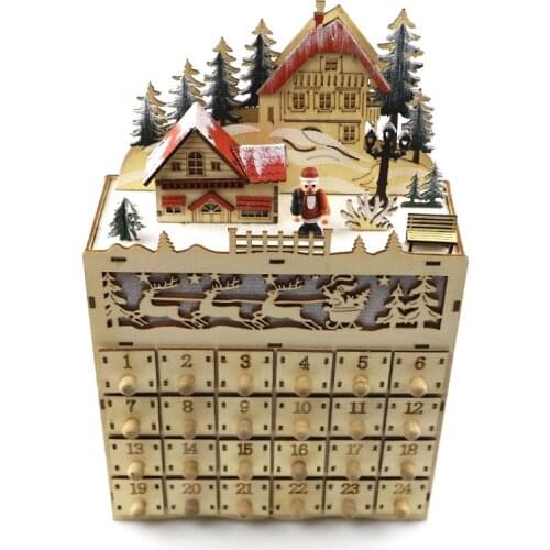 FurnishingNICE Christmas Wooden Advent Calendar LED Lighted Village House Santa Claus Countdown Ornament with Large Drawers Box