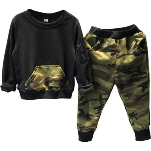 DFXD New Autumn Baby Boys Tracksuit Long Sleeve Camouflage Spliced Casual Cotton 2pc Sweatshirt Top+Pant Boys Clothing Sets 2-8Y