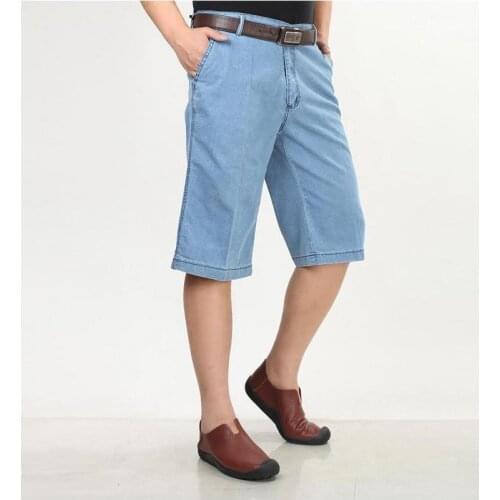 Man Summer Plus Size High Solid Loose Straight Knee Length Jeans Male Thin Cotton Zipper Jeans Men Spring Oversized Capris