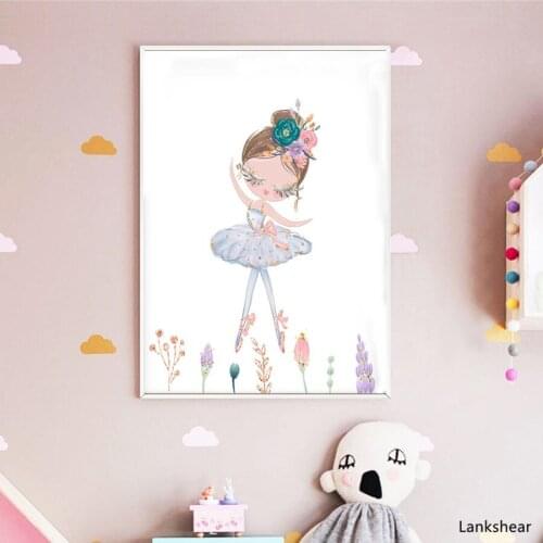 Ballerina Art Print Poster Cute Canvas Painting Pink Gold Purple Wall Art Nursery Girls Room Decoration Pictures Gift for Girl