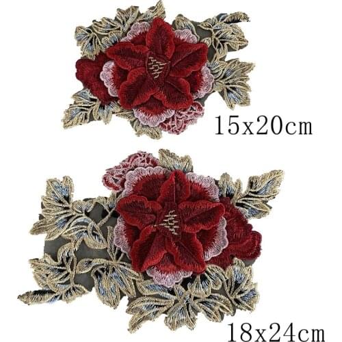 2ps 3D sewing on red flower applique sew on embroidered patches for jackets