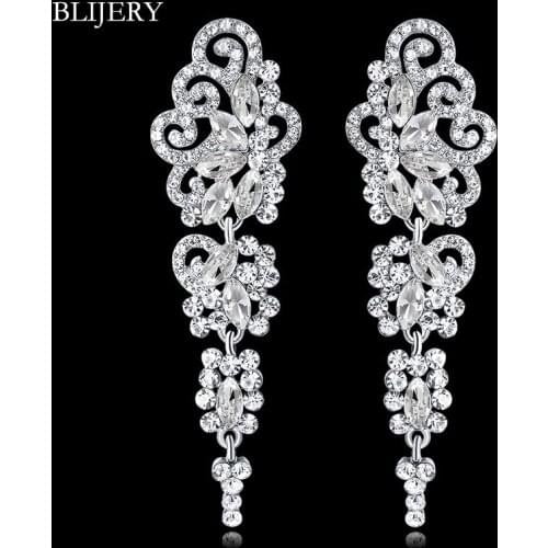 BLIJERY Silver Color Crystal Long Drop Earrings for Women Butterfly Flower Bridal Wedding Dangle Earrings Brides Prom Gifts