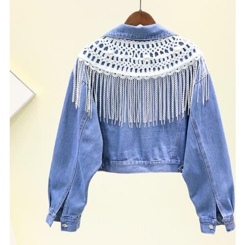 Spring 2020 New Womens Denim Jacket Korean BF Loose Short Tassel Beading Jean Jacket Student Leisure Cowboy Coat Outerwear Y54