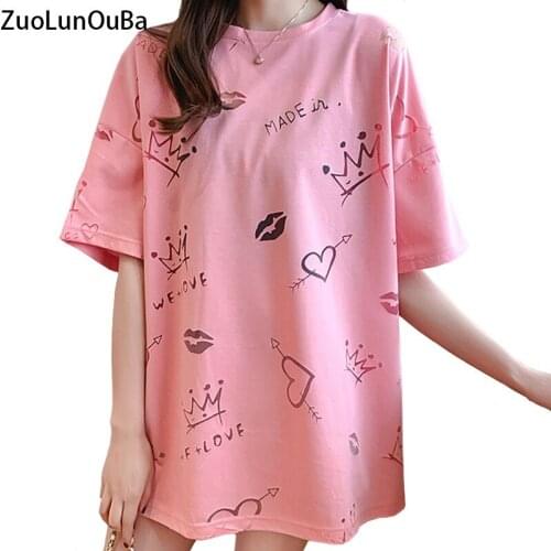 ZuoLunOuBa Summer Mid-Length Women T Shirt Print Harajuku Geometry Love Heart Casual Tees Perspective Sexy Pink Tops Female