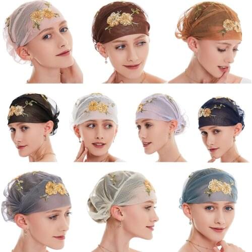 Muslim Headscarf Hat Thin Embroidery Inner Hijab Caps Solid Color Turban For Women Bonnet India Fashion Headwrap Hats