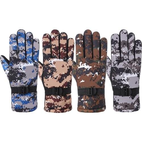 Men Winter Waterproof Thermal Full Finger Gloves Thick Plush Lining Camouflage Print Anti-Slip Palm Adjustable Snow Ski Gloves