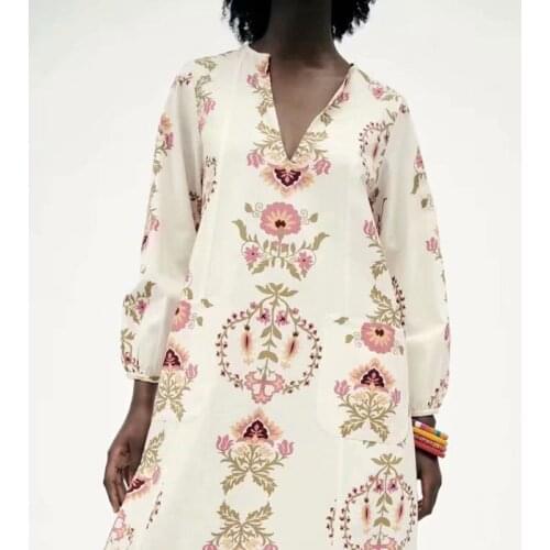 Spring and summer ladies floral print dress nine-quarter sleeves loose casual long dress female holiday dress