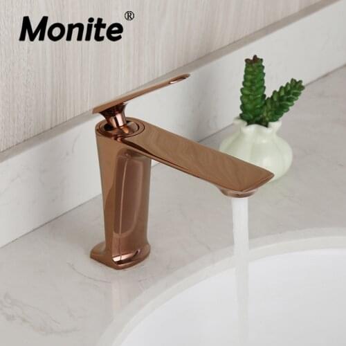 Monite Pink Golden Bathroom Faucet Solid Brass Rose Golden Deck Mounted Modern Style Bathroom Basin Sink Mixer Tap Faucets