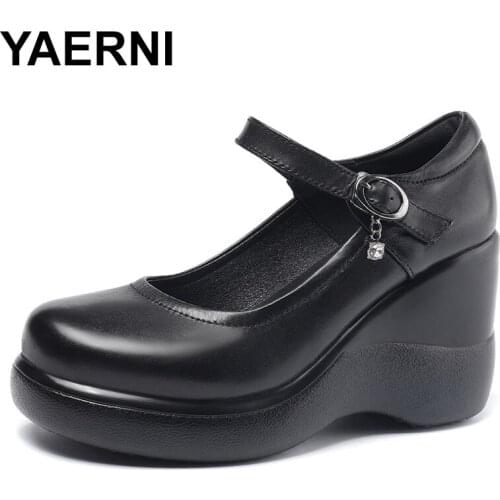 YAERNI 2020 new spring round head genuine leather shoes 8cm high with thick bottom high heel shoes elegant comfort fashion women