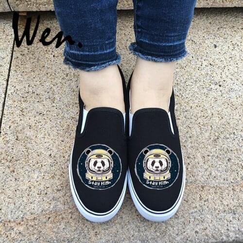 Wen Original Design Panda Astronaut Universe Spaceman Slip On Canvas Gym Shoes Girl Boy Flats Sneakers Black White Choices