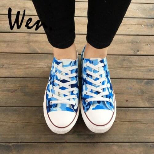 WEN Original Design Hand Painted Shoes Custom Navy Camouflage Pattern Lace Up Low Top Canvas Sneakers for Man Woman Presents