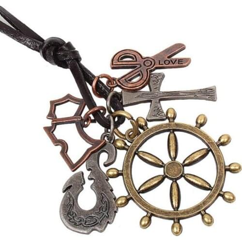 Vintage Copper Cross Feather Scorpion Handcuffs Pendant Necklaces Long Leather Rope Chain Pendant Necklace