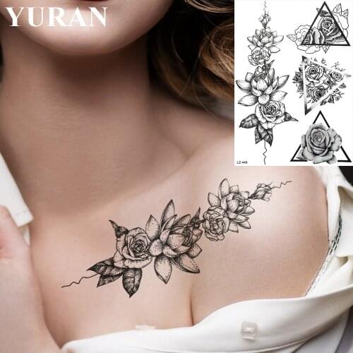 YURAN Waterproof Black Pencil Sketch Big Triangle Flower Tattoos Stickers Adhesive Custom Tattoo Temporary Body Arm Chest Tatto