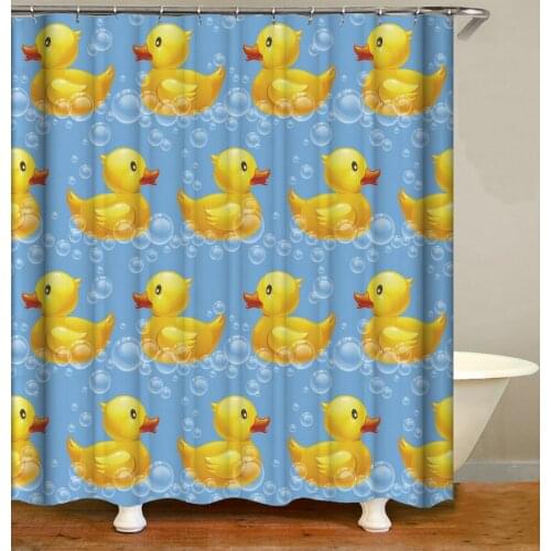 Shower Curtain Cartoon Little Yellow Duck and Bubbles Bath Accessories with 12 Hooks Waterproof Polyester Fabric Bathroom Decor