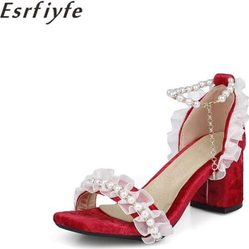 ESRFIYFE 2021 New Thick Heel Sandals Women Summer Large Size 14 High Heel Buckle Beads Sandals Open Toe Flock Shoes Woman