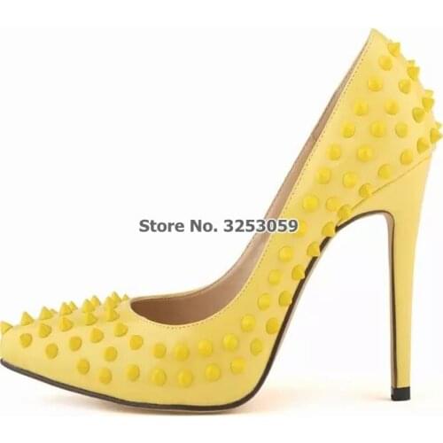 ALMUDENA Women Yellow Patent Leather Full Rivets Pumps Pointed Toe Stiletto Heels 12CM 10CM 8CM Studded Wedding Shoes Dropship