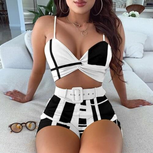 Sexy Off Shoulder Two Piece Set Summer Floral Print Crop Top and Belted Shorts Suit Women Sleeveless Spaghetti Strap 2 Piece Set
