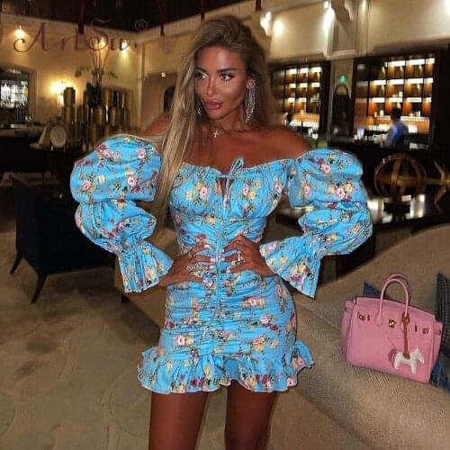 ArtSu Lantern Sleeve Vintage Women Floral Print Dresses Ruffles Bodycon Off Shoulder Party Dress Autumn Lace Up Sexy Vestido