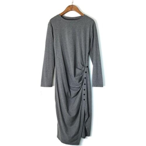 2019 Women Fashion Solid Color Irregular Pleated Button Dress Female O neck Full Sleeve Casual Vestidos Chic Dress