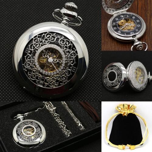 2020 Gift Set Mechanical Hollow Carving Pocket Watch With Pocket Box Bag & Chain Necklace For Men Women Xmas Gift