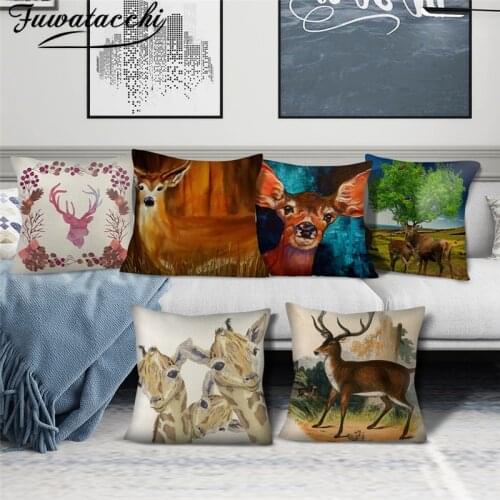 Fuwatacchi Cute Deer Pattern Cushion Cover Pure Linen Giraffe Printed Pillow Cover for Home Sofa Decorative Pillowcases 45x45cm