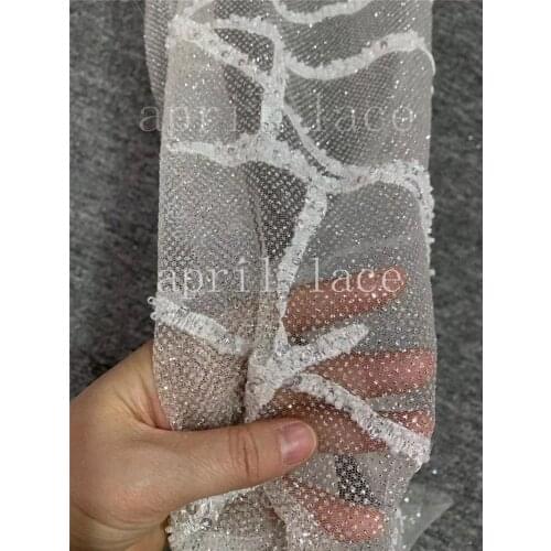 5 yards AS04# April bridal LACE Collection 2021 Beads silver sequin mix offwhite tulle lace For sewing woman wedding dress