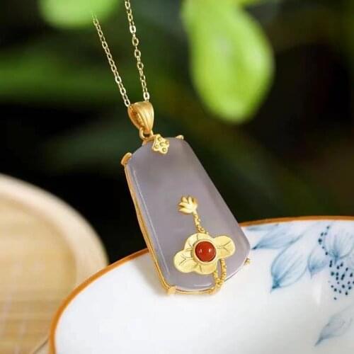 S925 Sterling Silver Gold-Plated Natural Hetian Jade Smoke Mauve Jade Lucky Pendant Jade Pendant Vintage Lotus Necklace for