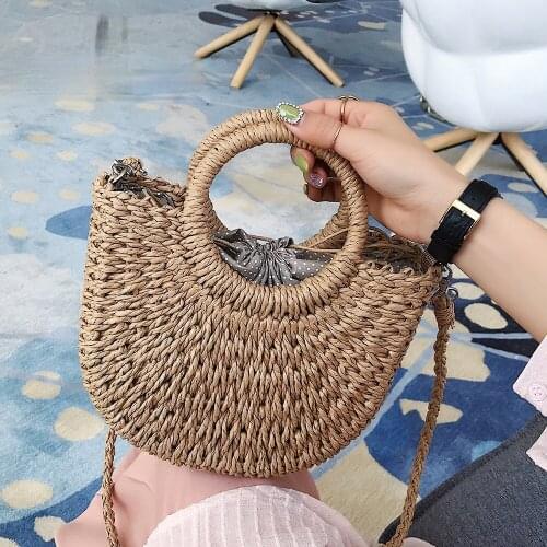 Summer Straw Beach Bag Handmade Round Women Shoulder Bags Raffia Circle Bags Bohemian Casual Woven Basket Handbags 2021