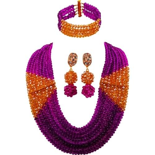 Lovely Purple and Champagne Gold AB African Necklace Nigerian Wedding Beads Bridal Jewelry Set for Women LBSJ08
