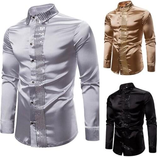 Mens brand new fashion show host business sequined solid color nightclub long-sleeved slim shirt fall shirts long sleeve shirt