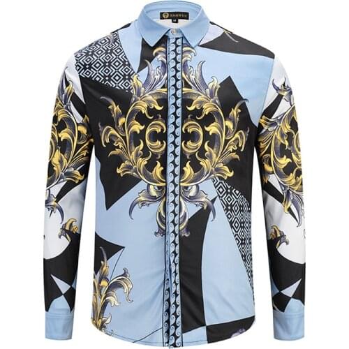 TANG Mans Clothing Chemise Homme Casual Shirt New Arrival Men Shirts Fashion 3d Gold Floral Print Long Sleeve Covered Button