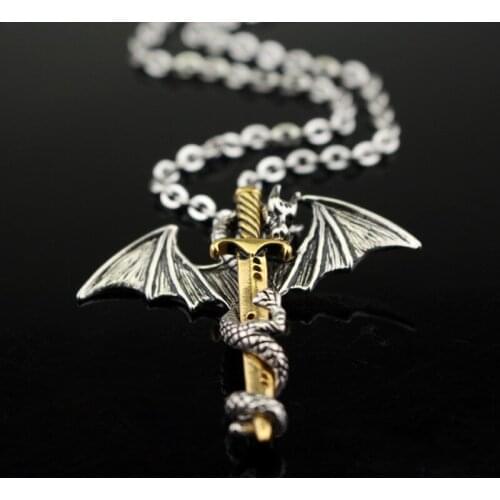 Retro Dragon Necklace Rope Chain Ancient Dragons Sword Pendants Mens Punk Cross Necklaces