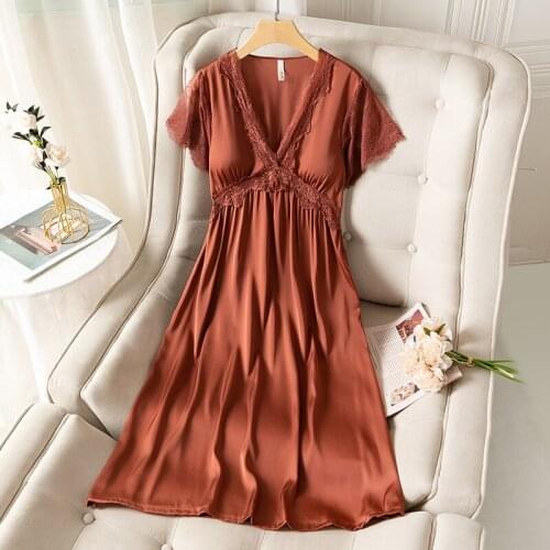 Sexy Summer Nightdress Women Silk Satin Sleepwear Nightgown Patchwork Lace Nightwear Intimate Lingerie Loose Casual Home Dress