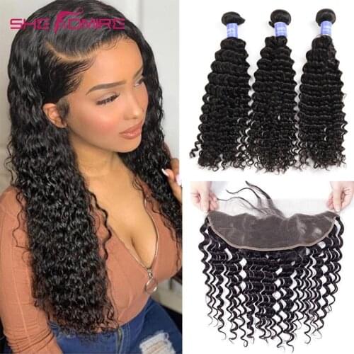 She Admire Deep Wave Human Hair Bundles With Closure Brazilian Remy Hair Extension Natural Black Bundles With 13X4 Lace Frontal