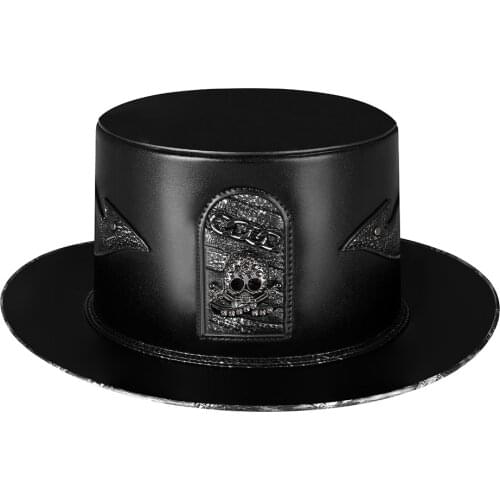 Adult Black Riveted Skull PU Leather Steampunk Hat Halloween Plague Doctor Flat Hat Gothic Cosplay Costume Props