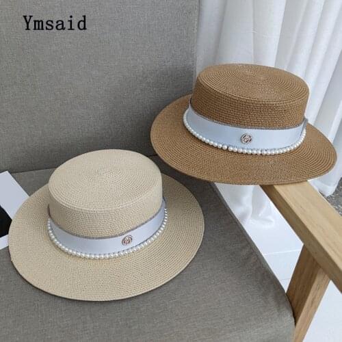 High Quality Summer Elegant Retro Women Flat Top Straw Hat Leisure Wide Brim Sun Hats M Letter Pearl Breathable Travel Beach Cap