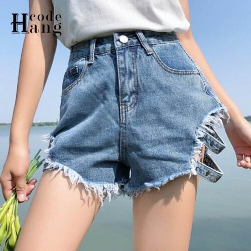 HangCode Hot Summer Women High Waist Hole Tassel Jeans Shorts Casual Female Fashion Blue Black Denim Shorts Korean Girl Bottoms