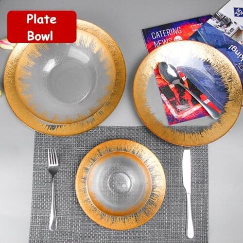 Glass Flat Plate Electroplating Gold Dinnerware Soup Bowl Dessert Tray Big Steak Dishes Rice Bowl High Glass Serving plate 1pcs
