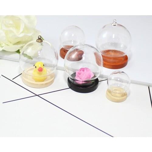 2PCS 35MM Glass Globe with Wood Base Top Round Cap Hollow Glass Globe Necklace Pendants glass cover dome cute charms