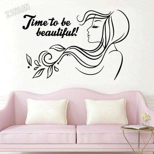 Hair Salon Wall Decals Time to Be Beautiful Phrase Inspirational Quote Beauty Spa Decor Vinyl Wall Sticker Girls Room Mural Y252